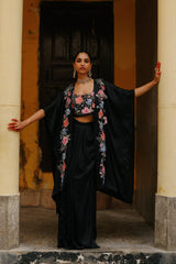 Black Floral Embroidered Patchwork Cape Set