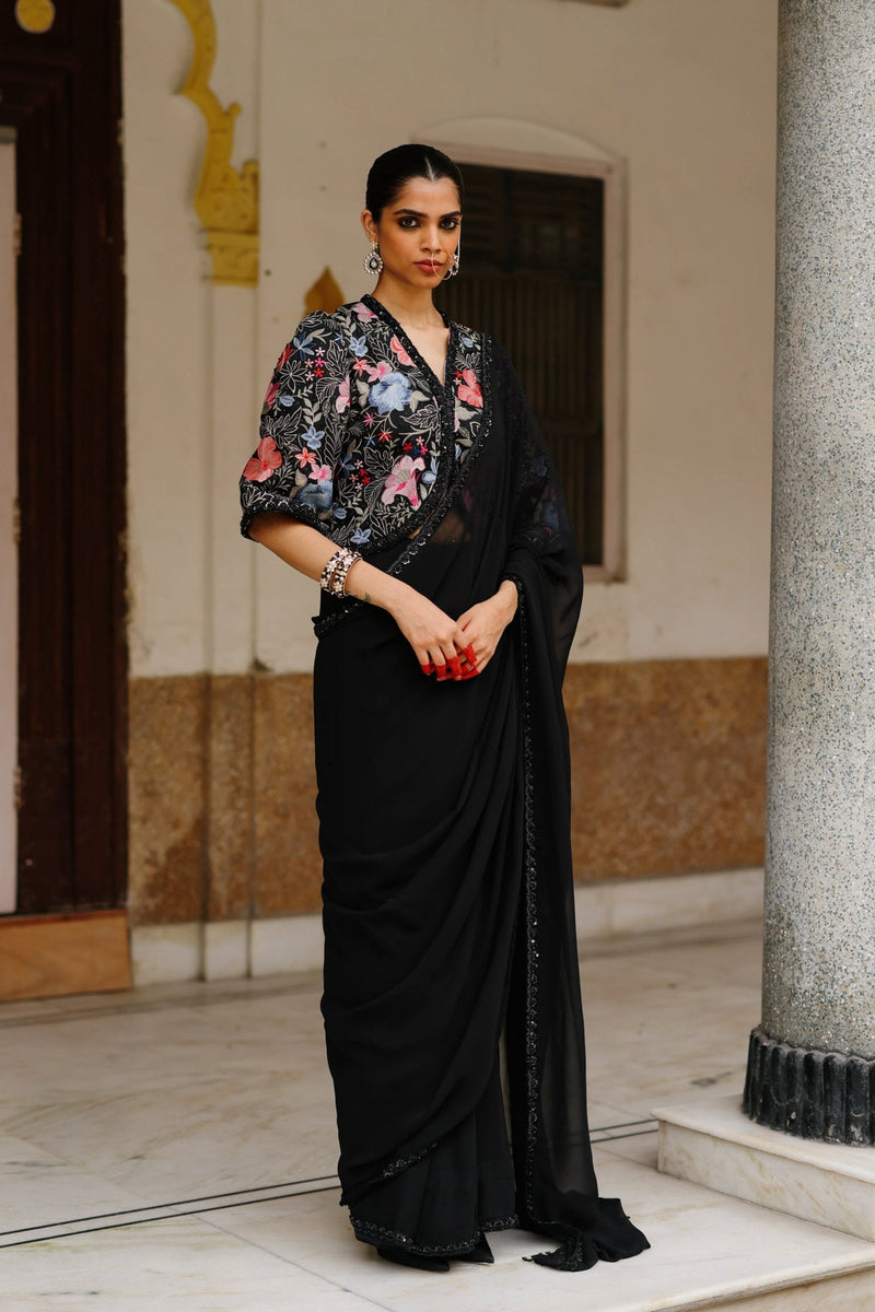 Black Floral Jacket with Saree