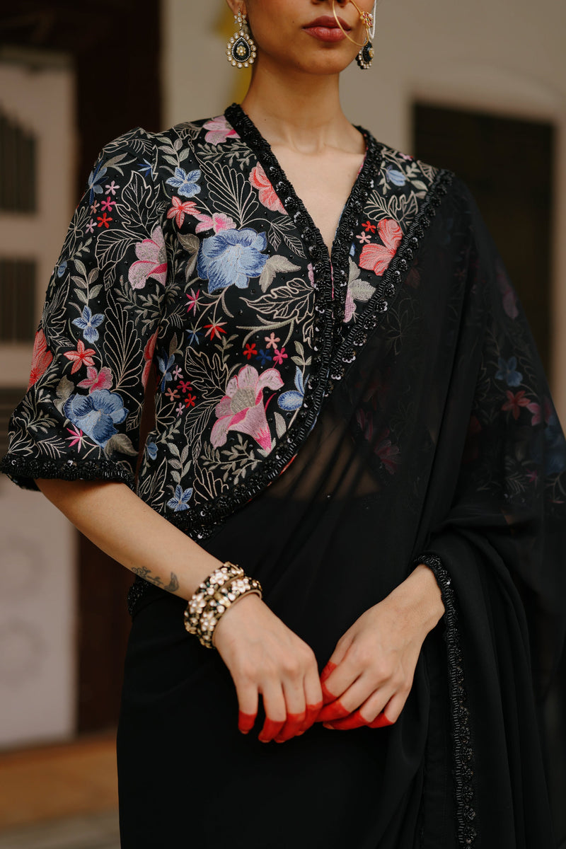 Black Floral Jacket with Saree