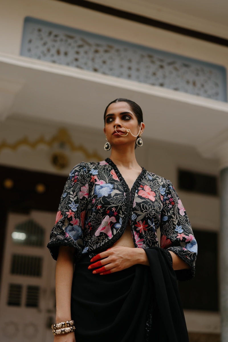 Black Floral Jacket with Saree