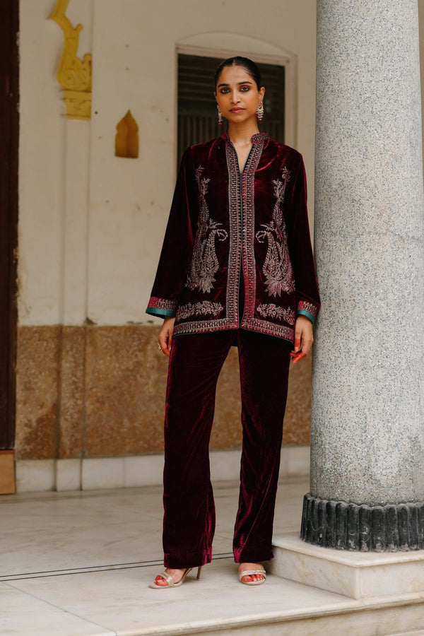 Parv Wine Embroidered Velvet Paisley Co-ord Set