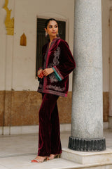 Parv Wine Embroidered Velvet Paisley Co-ord Set