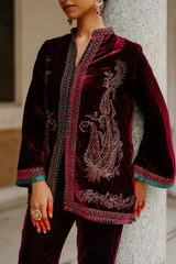 Parv Wine Embroidered Velvet Paisley Co-ord Set