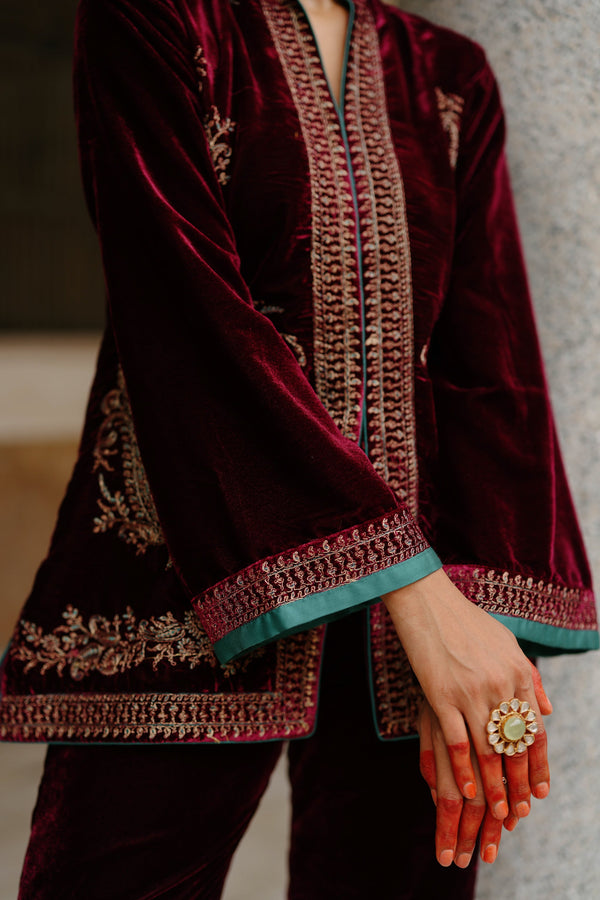 Parv Wine Embroidered Velvet Paisley Co-ord Set