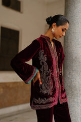 Parv Wine Embroidered Velvet Paisley Co-ord Set