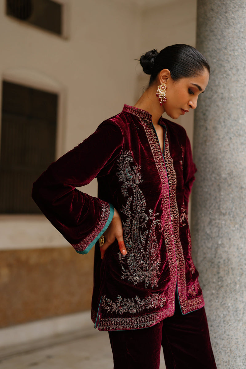 Parv Wine Embroidered Velvet Paisley Co-ord Set