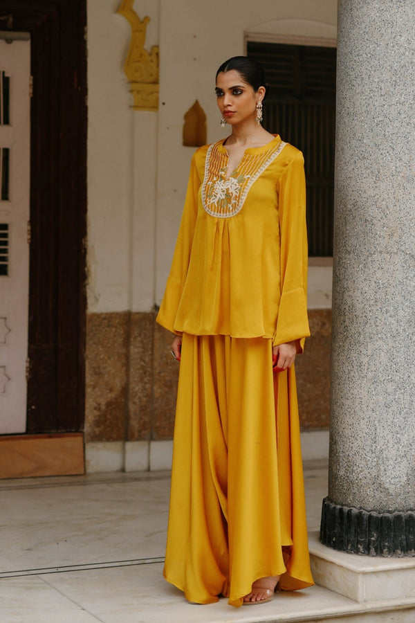 Parv Mustard Embroidered Set with Assymetrical Pants