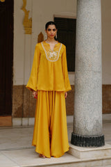 Parv Mustard Embroidered Set with Assymetrical Pants