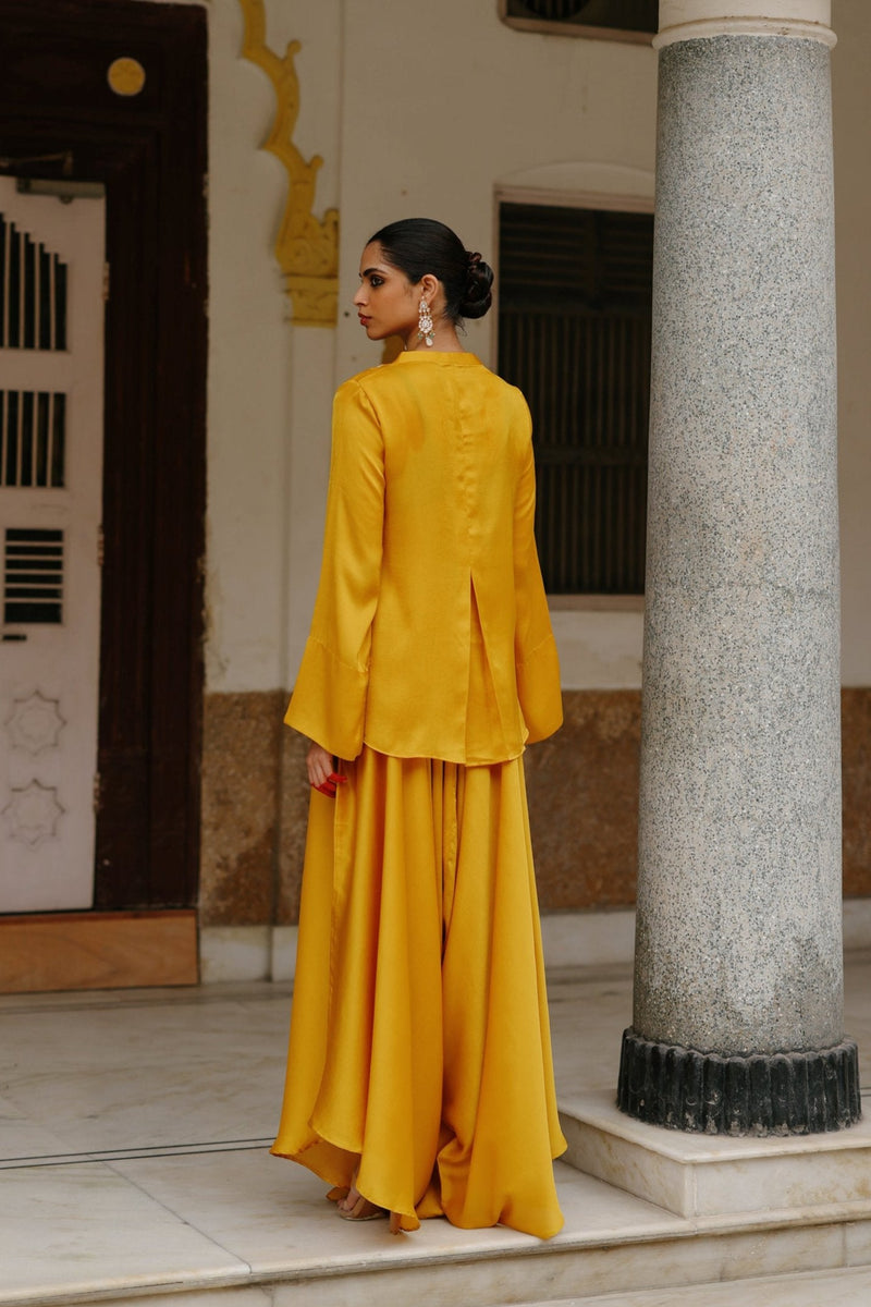 Parv Mustard Embroidered Set with Assymetrical Pants