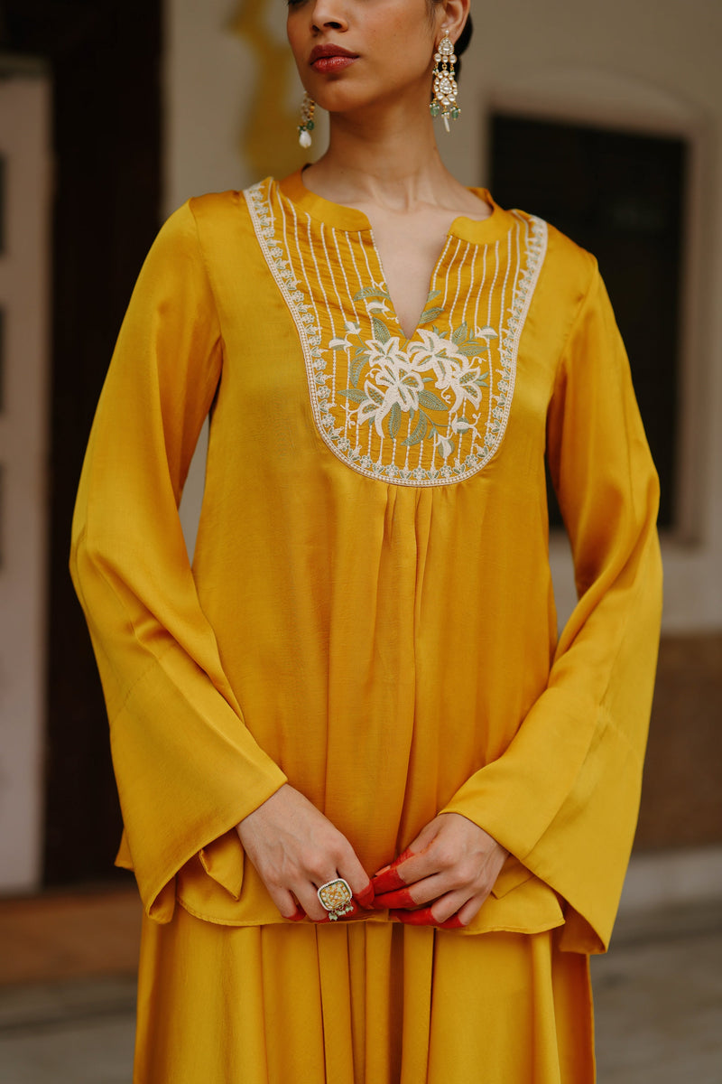 Parv Mustard Embroidered Set with Assymetrical Pants