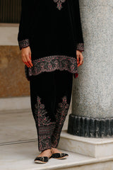 Black Velvet Embroidered Set with Contrast Pink Dupatta