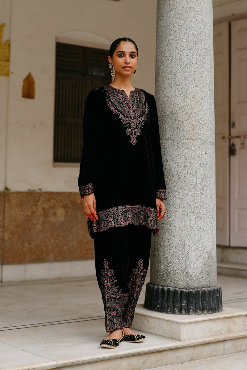 Black Velvet Embroidered Set with Contrast Pink Dupatta