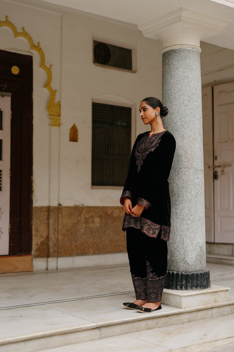 Black Velvet Embroidered Set with Contrast Pink Dupatta