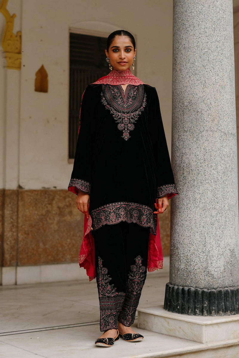 Black Velvet Embroidered Set with Contrast Pink Dupatta