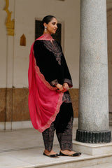 Black Velvet Embroidered Set with Contrast Pink Dupatta