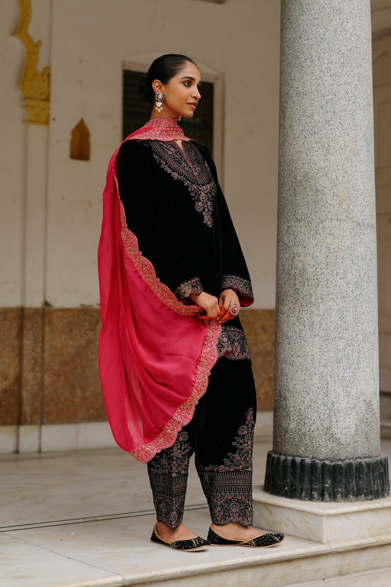 Black Velvet Embroidered Set with Contrast Pink Dupatta