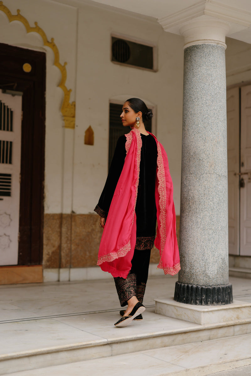 Black Velvet Embroidered Set with Contrast Pink Dupatta