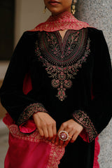 Black Velvet Embroidered Set with Contrast Pink Dupatta