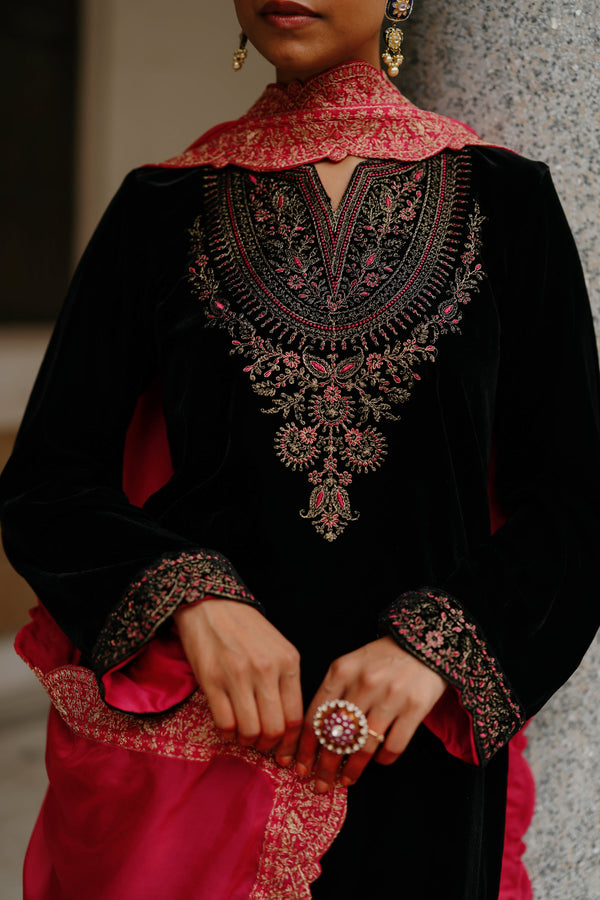 Black Velvet Embroidered Set with Contrast Pink Dupatta