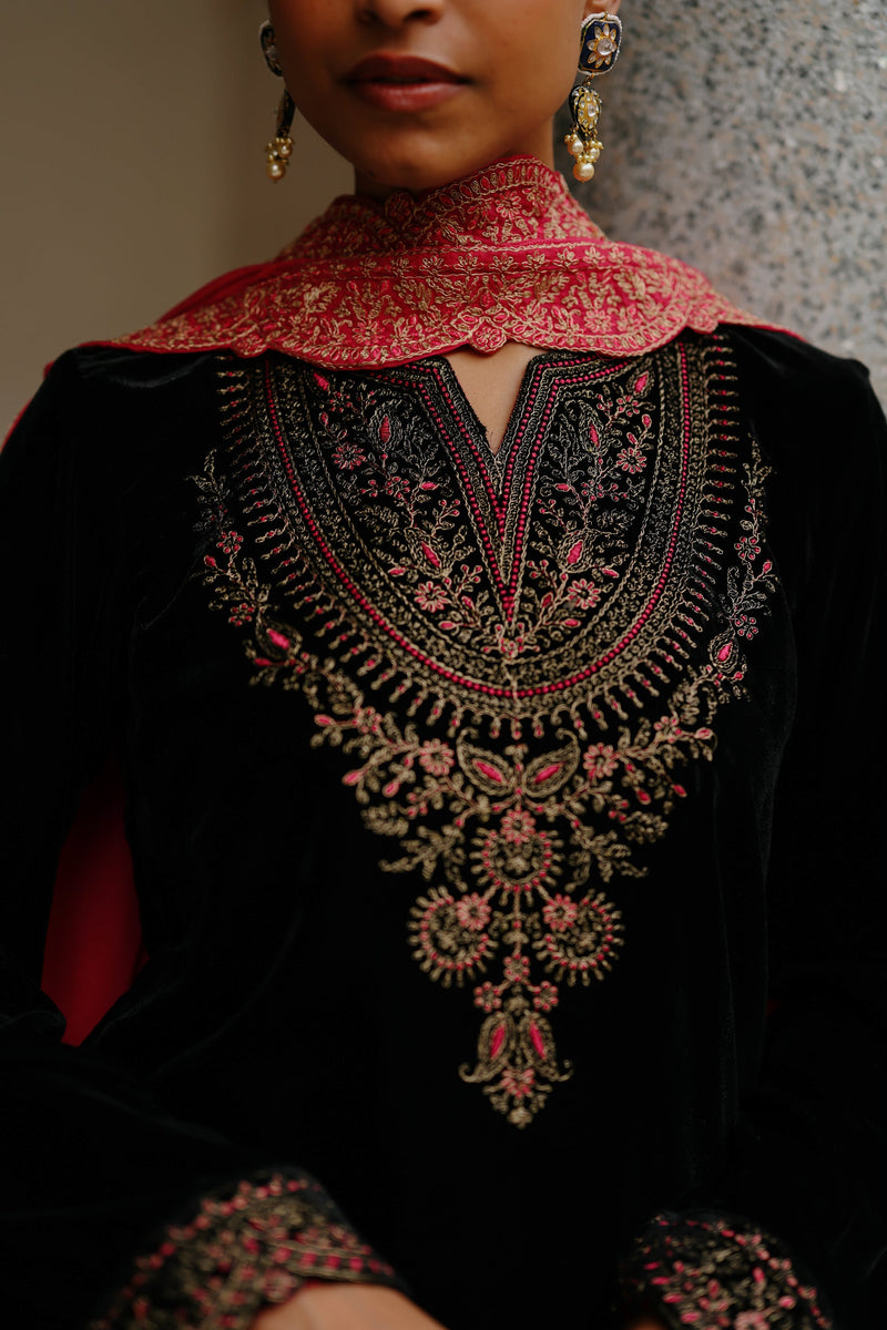 Black Velvet Embroidered Set with Contrast Pink Dupatta