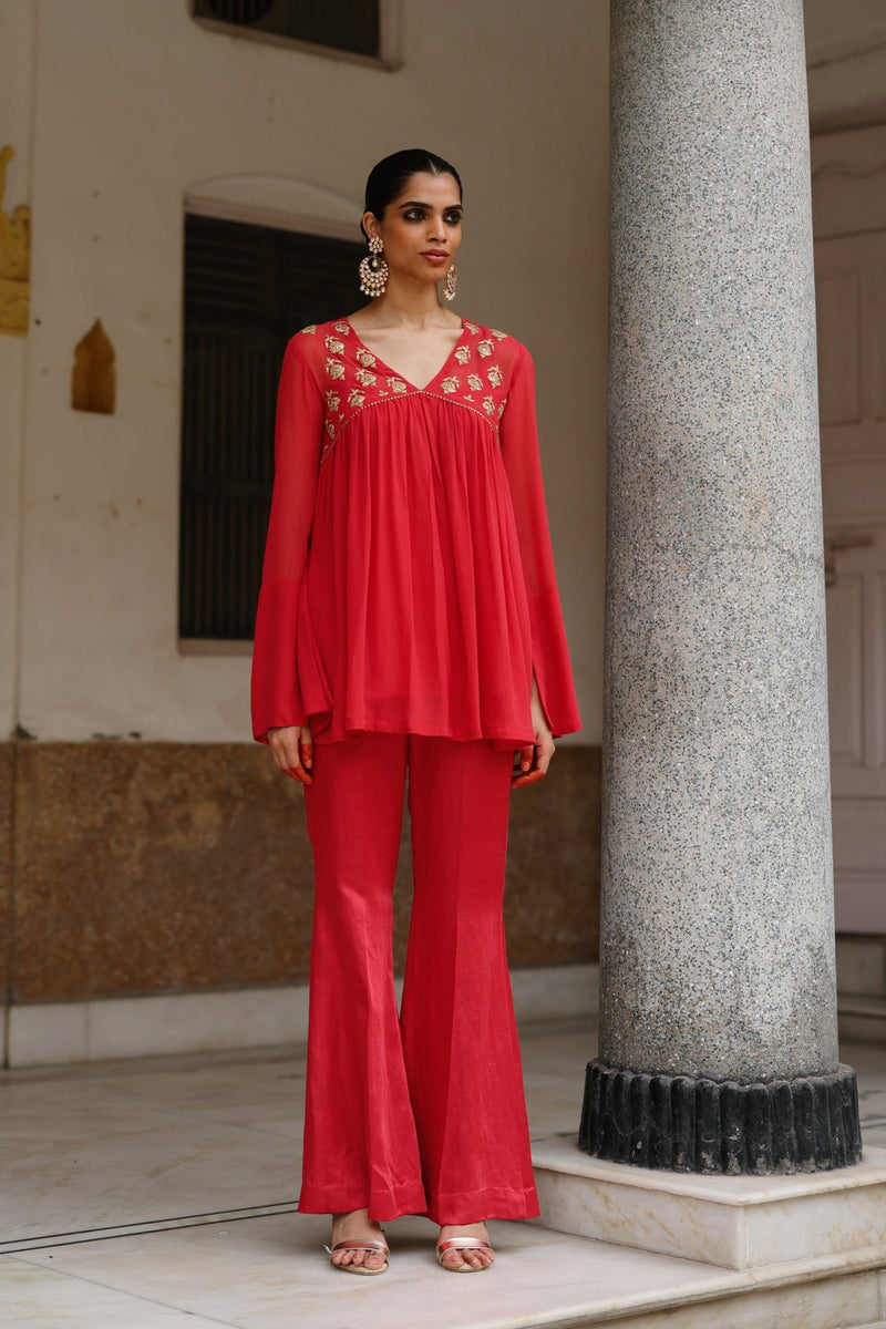 Scarlet Embroidered Top with Bell Bottoms