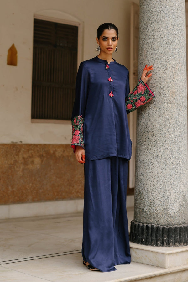 Parv Navy Embroidered Set with Flared Pants