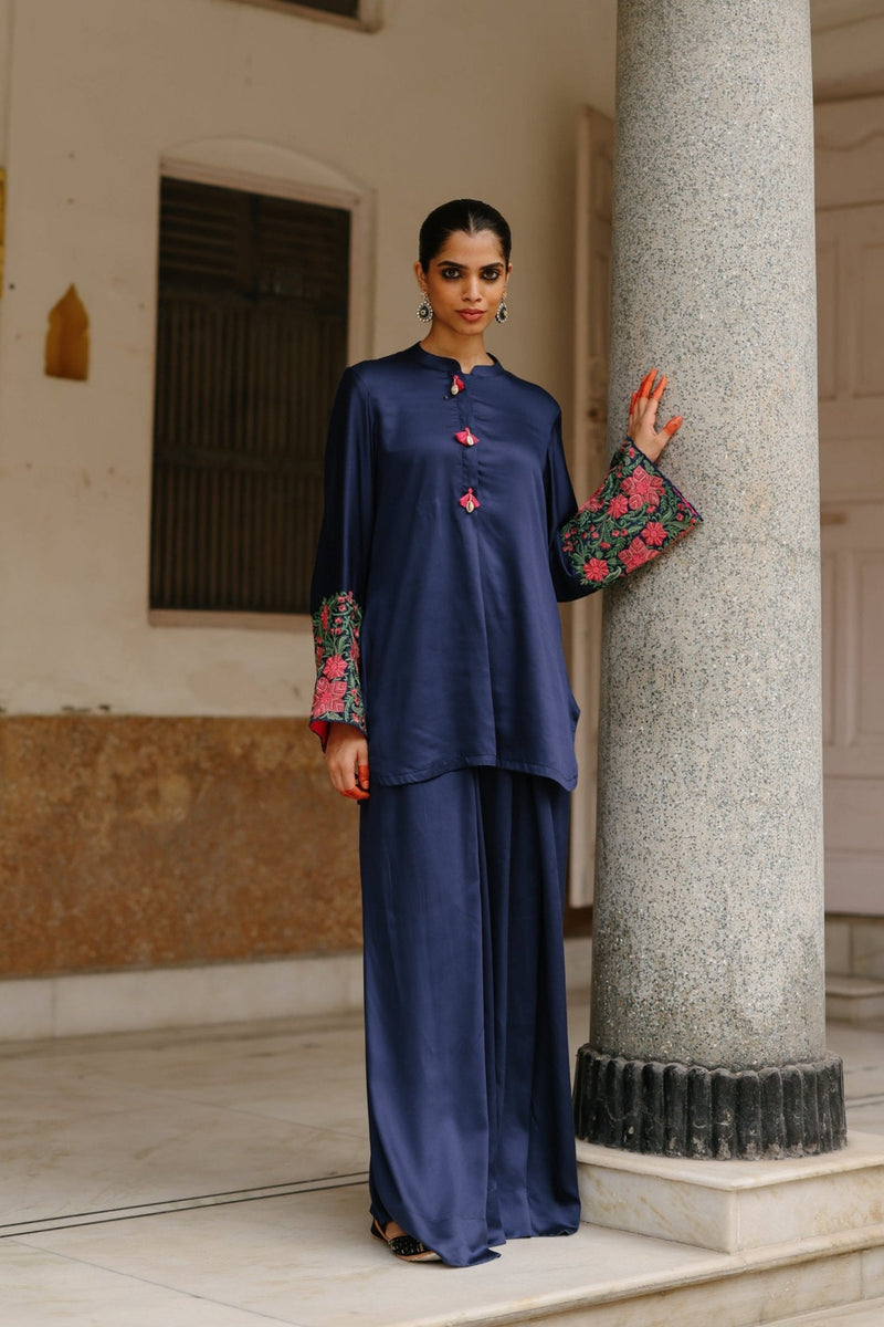 Parv Navy Embroidered Set with Flared Pants