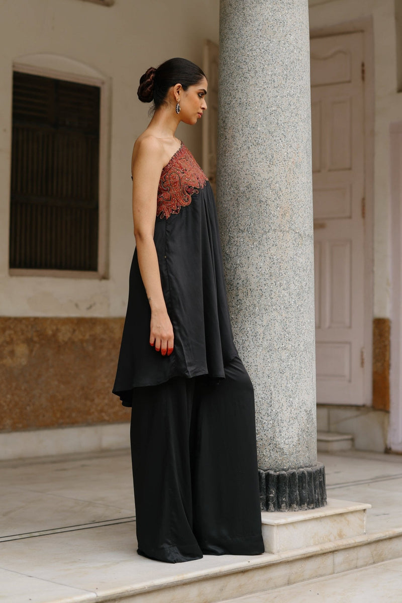 Black Embroidered One Shoulder Set