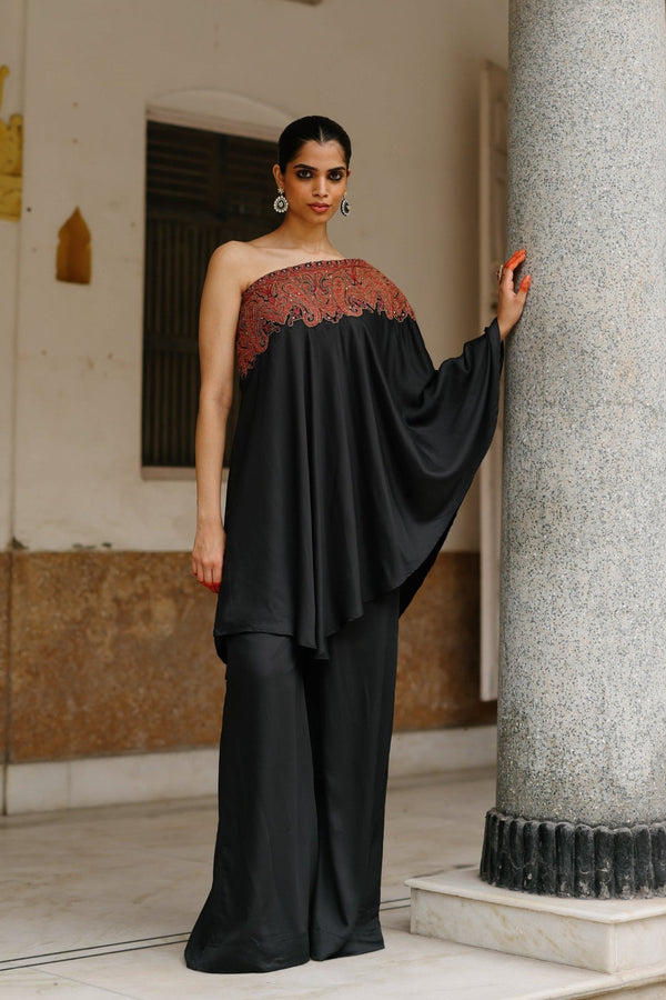 Black Embroidered One Shoulder Set