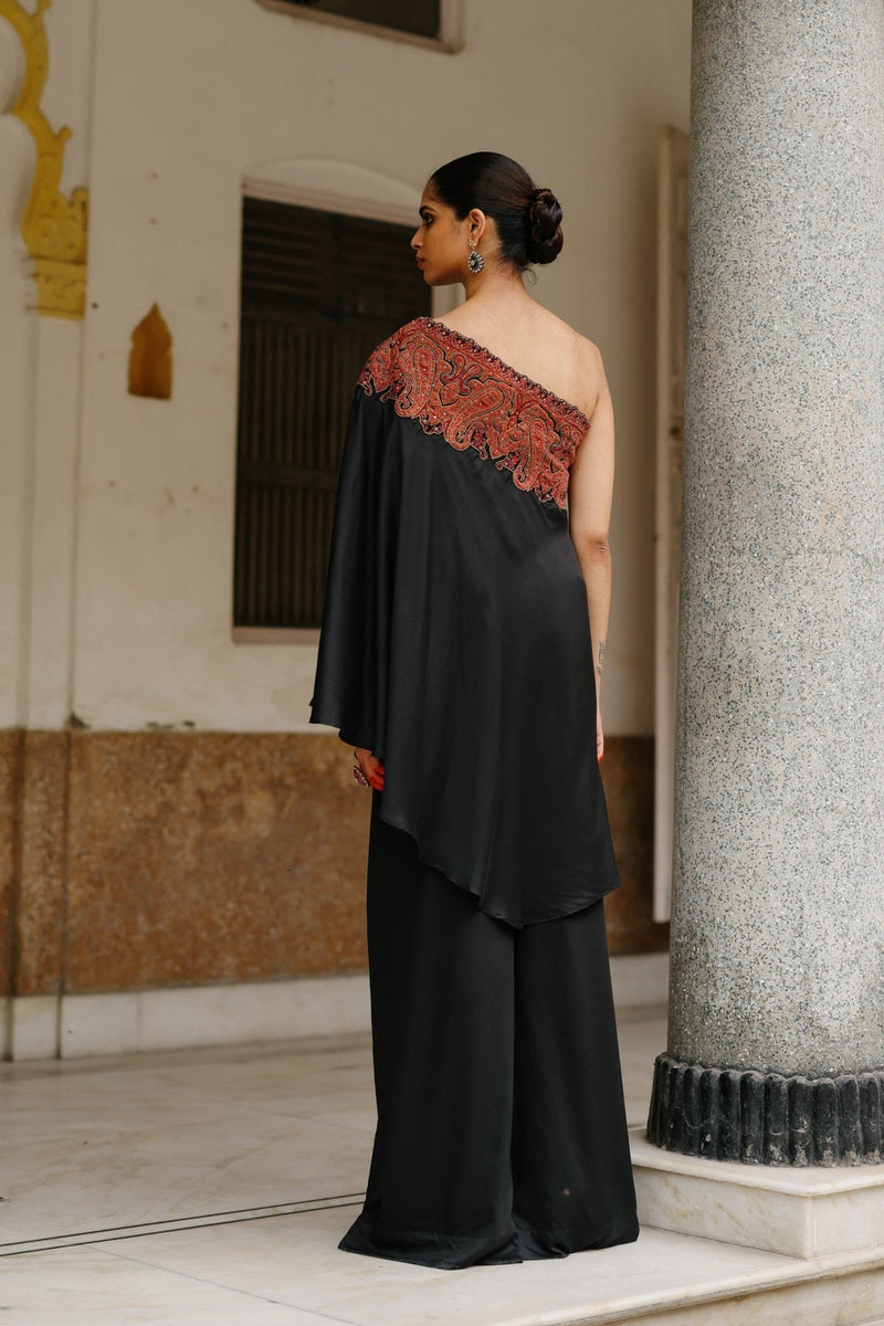 Black Embroidered One Shoulder Set