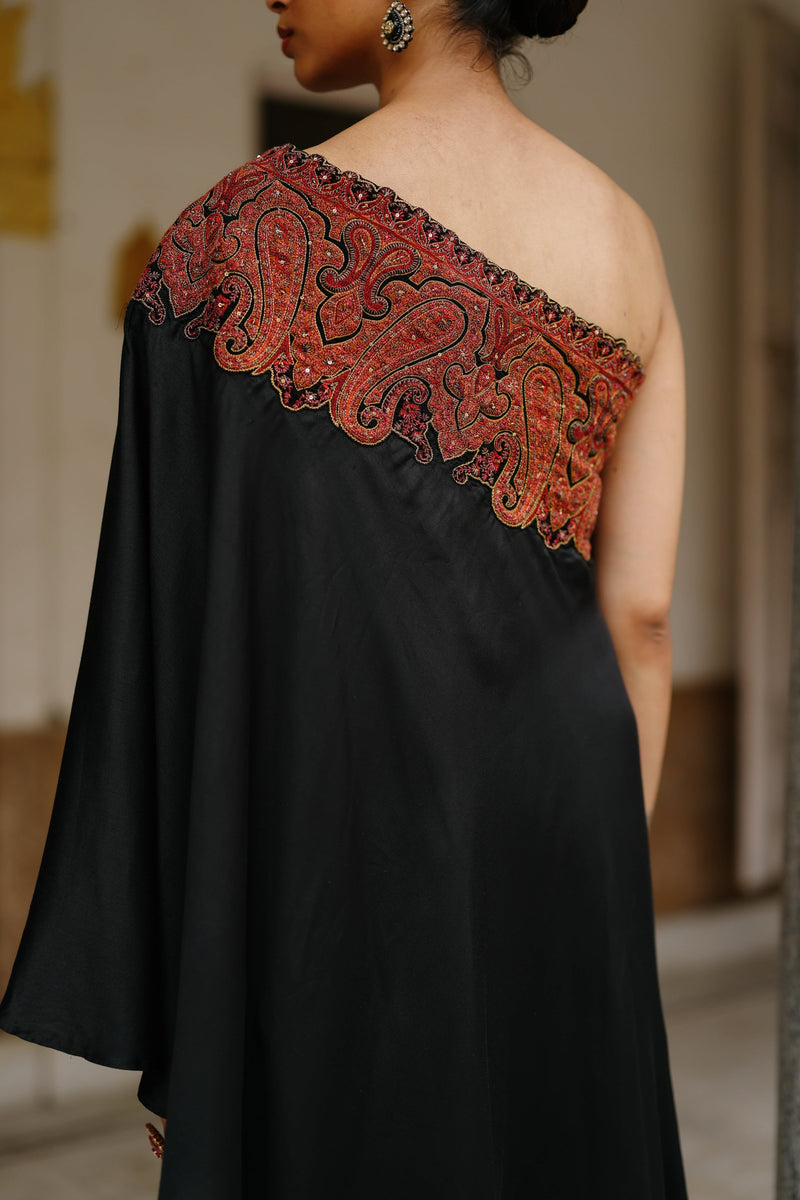 Black Embroidered One Shoulder Set