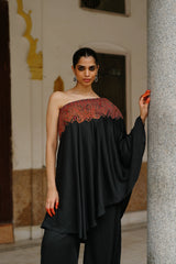 Black Embroidered One Shoulder Set