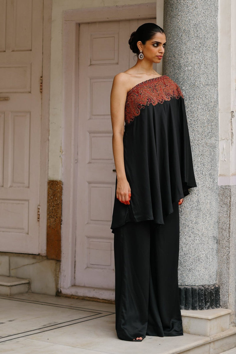 Black Embroidered One Shoulder Set