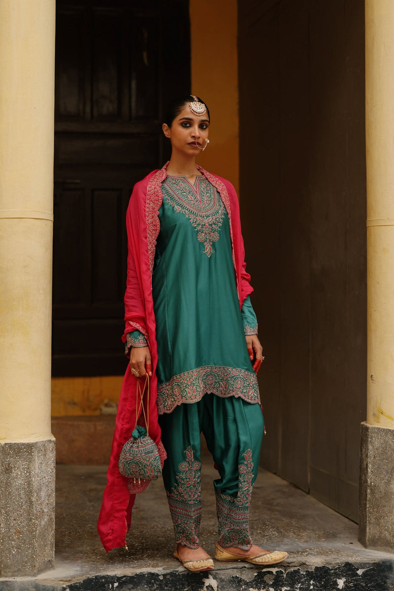 Bottle Green Embroidered Set with Contrast Dupatta