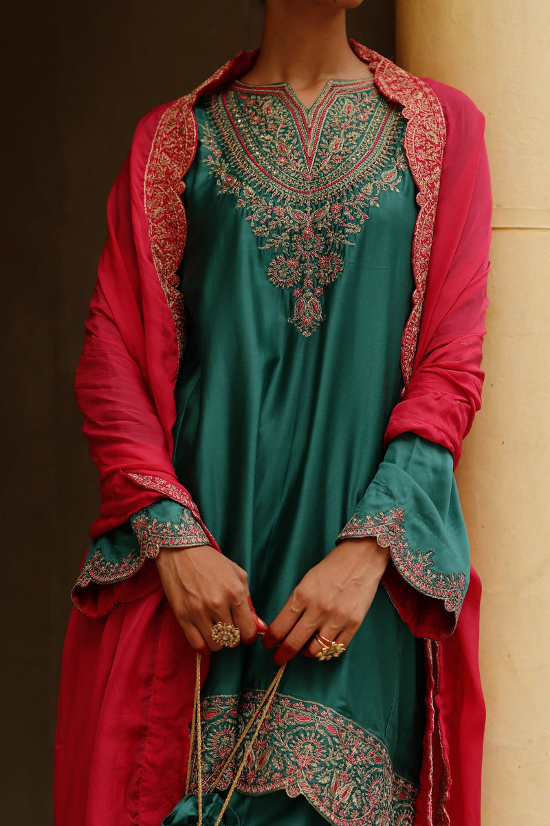 Bottle Green Embroidered Set with Contrast Dupatta