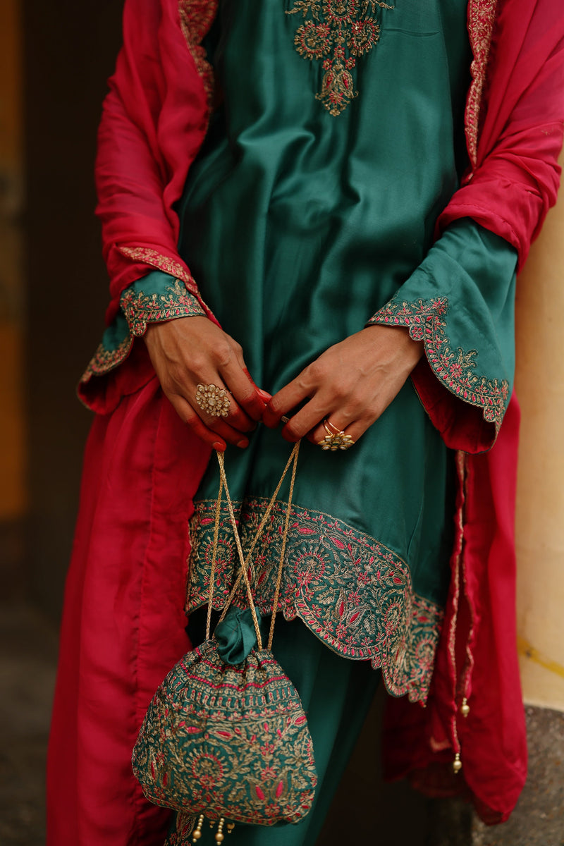 Bottle Green Embroidered Set with Contrast Dupatta