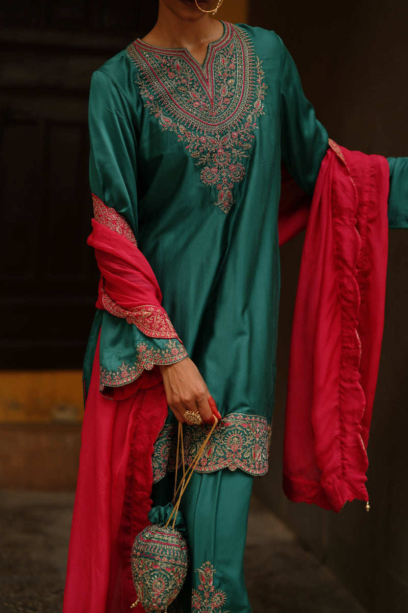 Bottle Green Embroidered Set with Contrast Dupatta