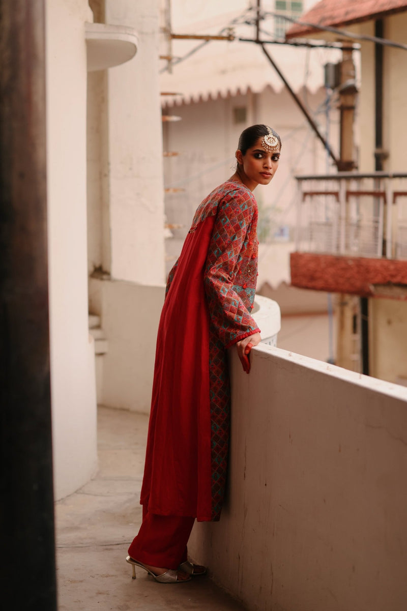 Crimson Hand Embroidered Jacket Set