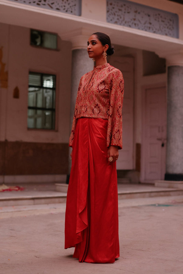 Scarlet Embroidered Jacket with Drape Skirt