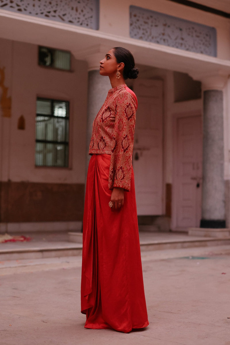 Scarlet Embroidered Jacket with Drape Skirt