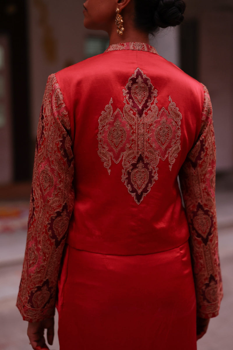 Scarlet Embroidered Jacket with Drape Skirt