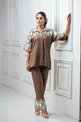 Brown Floral Embroidered Co-ord Set For Women -inching india 