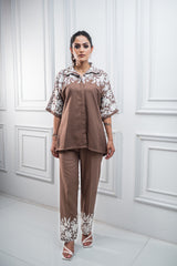 Brown Floral Embroidered Co-ord Set For Women -inching india 