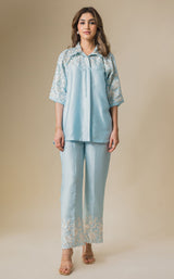 Light Blue Floral Embroidered Co-ord Set- Inchingindia