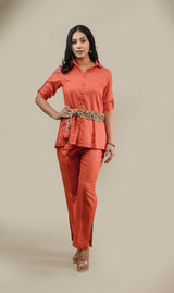 Seher Orange Linen Set with Embroidered Belt