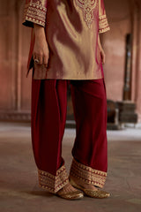 Jashn Gold Maroon Tissue Embroidered Farshi Set, gold maroon tissue kurta with modal farshi and organza dupatta, image 8 of 11