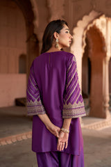 Jashn Wine Hand Embroidered Farshi Set, wine hand embroidered kurta with farshi and organza dupatta, image 6 of 13