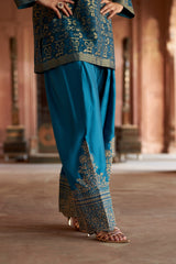 Jashn Teal Ikkat Brocade Farshi Set, teal ikkat brocade kurta with embroidered modal farshi, image 7 of 10