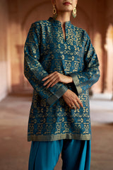 Jashn Teal Ikkat Brocade Farshi Set, teal ikkat brocade kurta with embroidered modal farshi, image 6 of 10