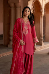 Jashn Rani Pink Orange Zari Farshi Set, rani pink kurta with orange zari embroidery, farshi and organza dupatta, image 3 of 12